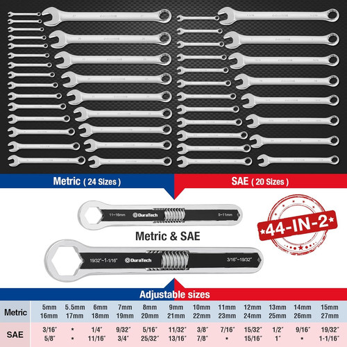 DURATECH Universal Wrench Set, Adjustable Doule Box End, Black, Silver