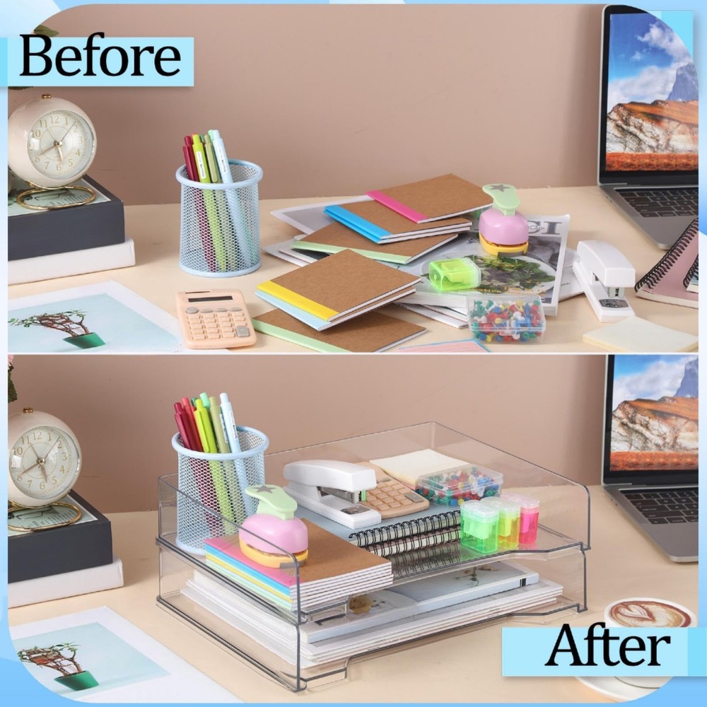2 Pcs Stackable Letter Tray Rectangular Plastic Desk Organizer 13 x 9.5 x 2.6...