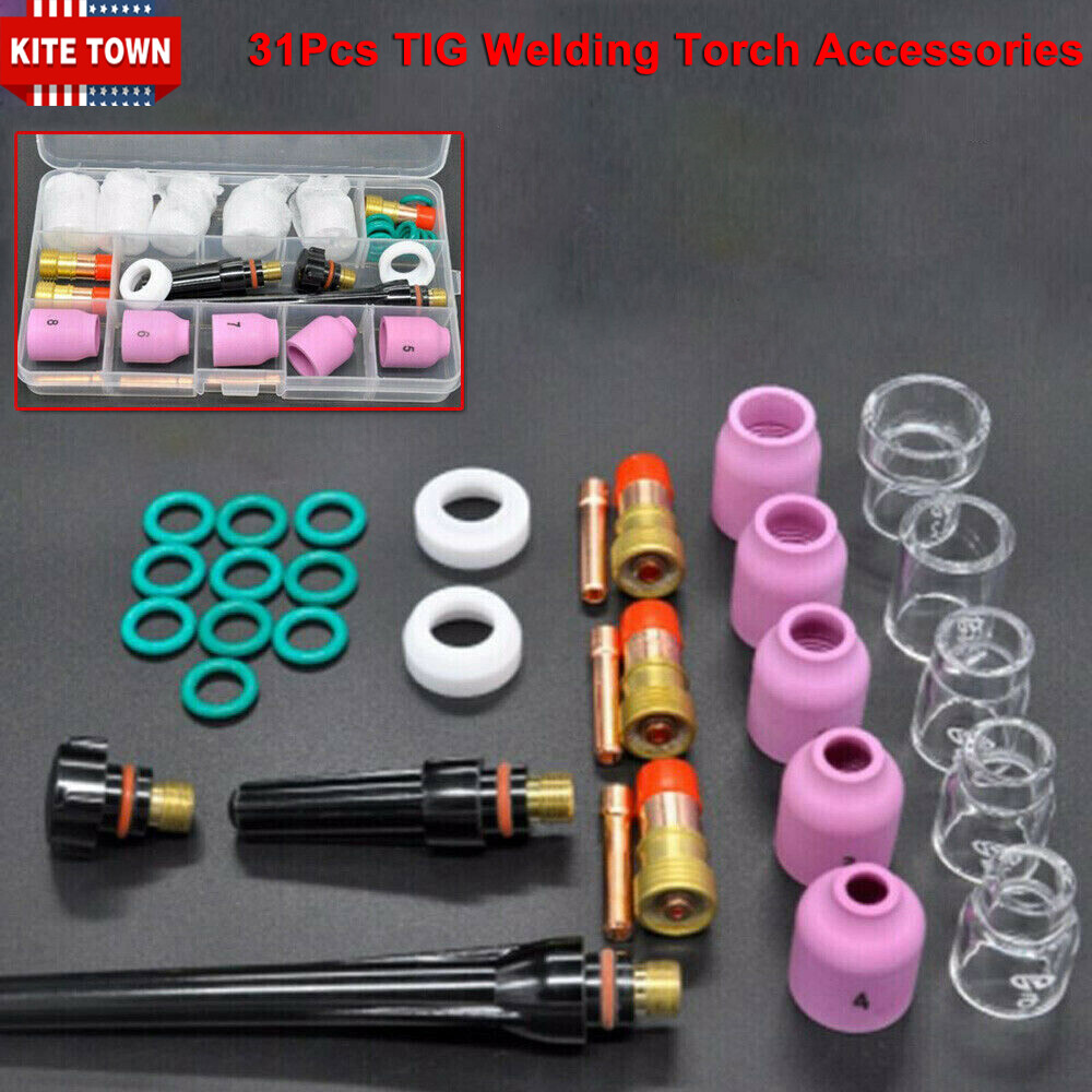 31Pcs TIG Welding Torch Stubby Gas Lens #12 Glass Cup Kit Fits WP-17/18/26