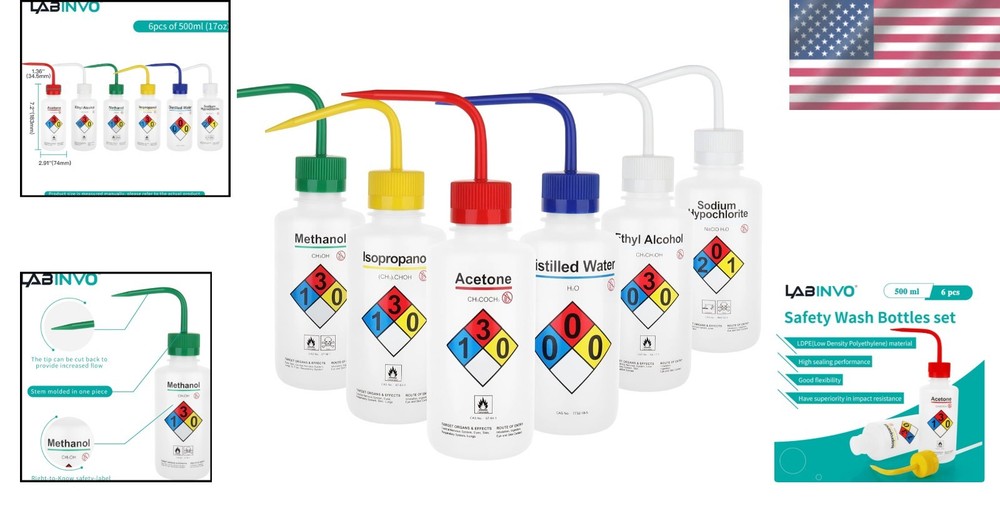 Lab Rinse Squeeze Bottles, Printed Labels, 6PCS