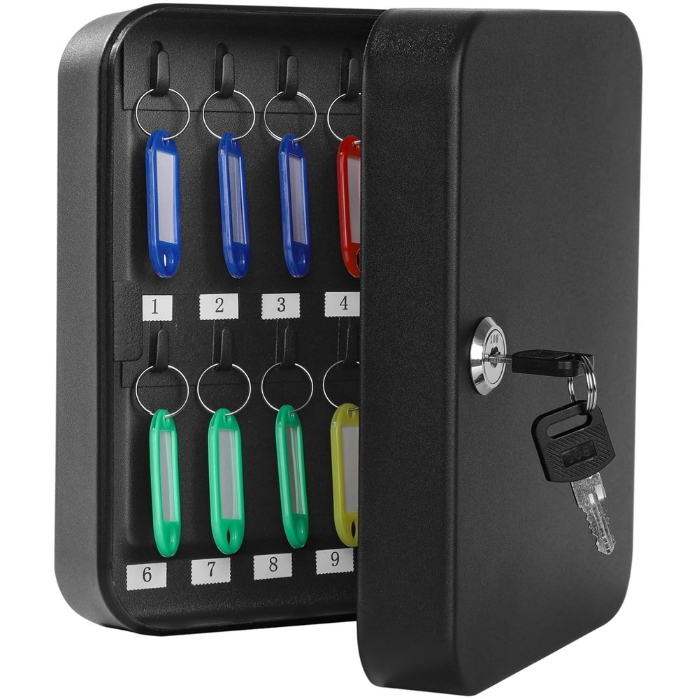 Compact Metal Key Storage Box - Lockable Wall-Mount Organizer with 20 Hooks