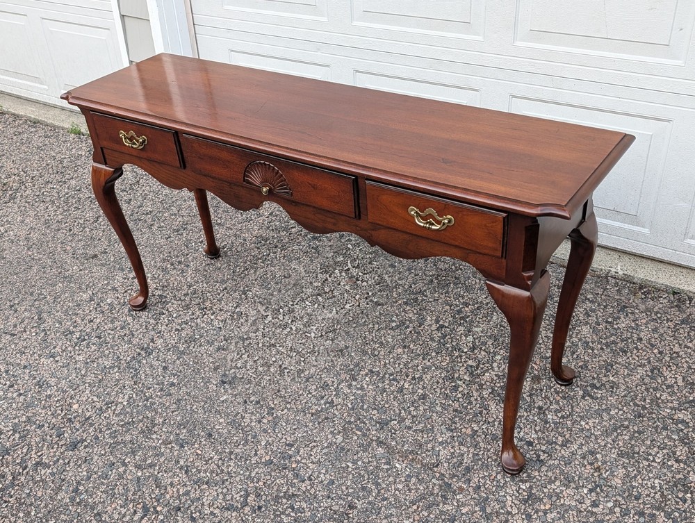 Vtg Thomasville Queen Anne Cherry Console Table, Brass Chippendale Pulls