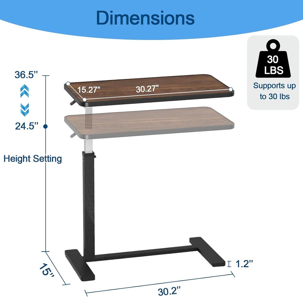 Adjustable Overbed Table W/ Invisible Wheels Bedside Table ，Standing Desk