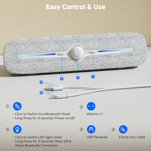 Computer Speakers for Desktop, USB Powered Bluetooth PC White Aux & Bluetooth