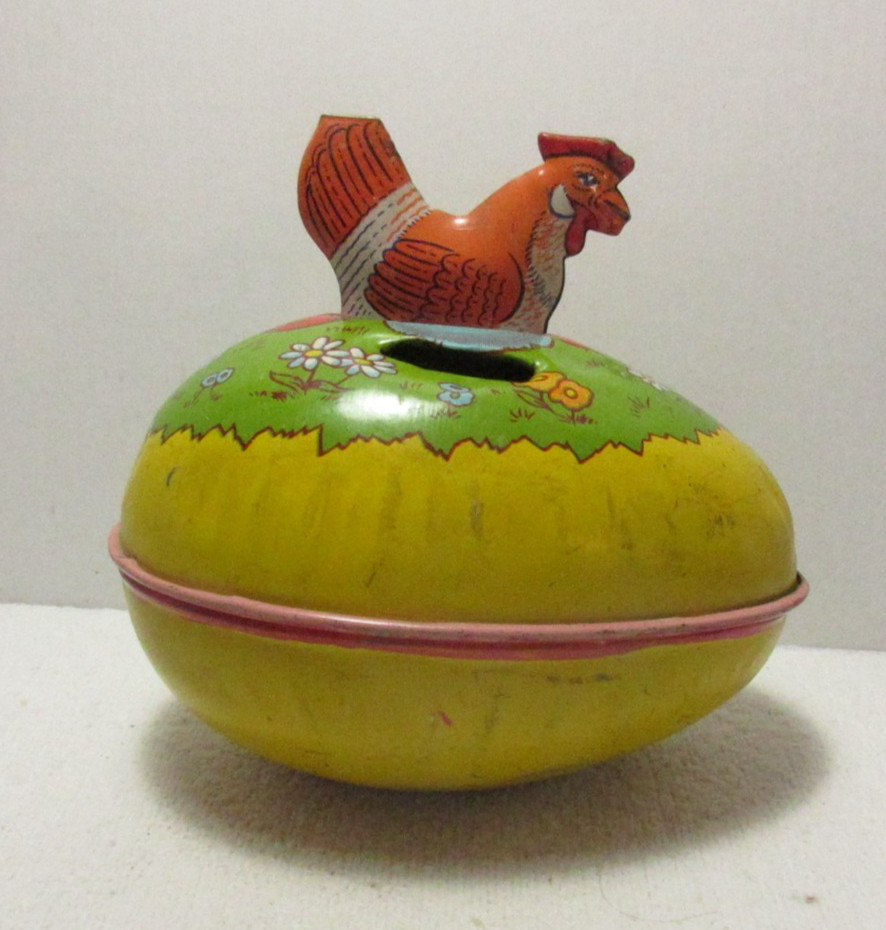 CHEIN TIN NESTING HEN ON EASTER EGG CONTAINER /MADE INTO BANK - DOESN'T OPEN