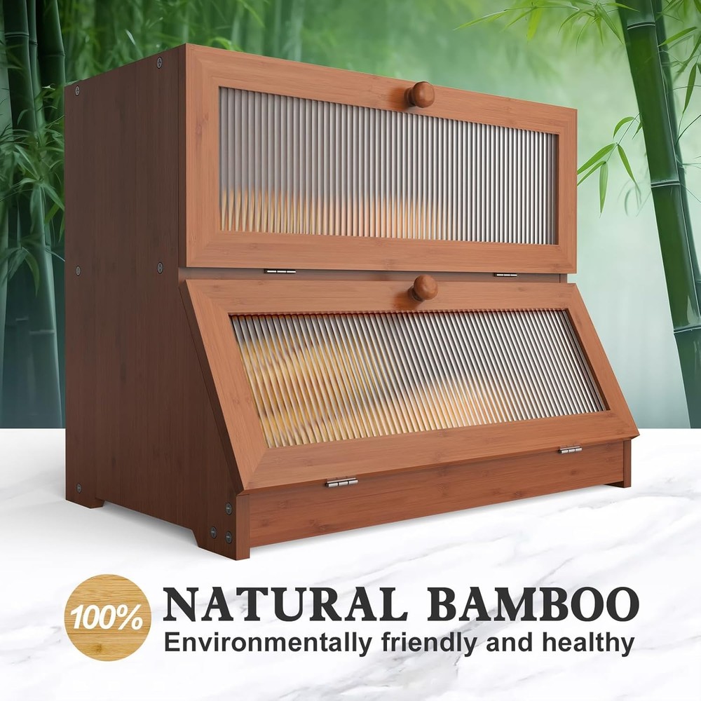 Double Layer Bamboo Bread Box for Kitchen Counter-Large Capacity Brown