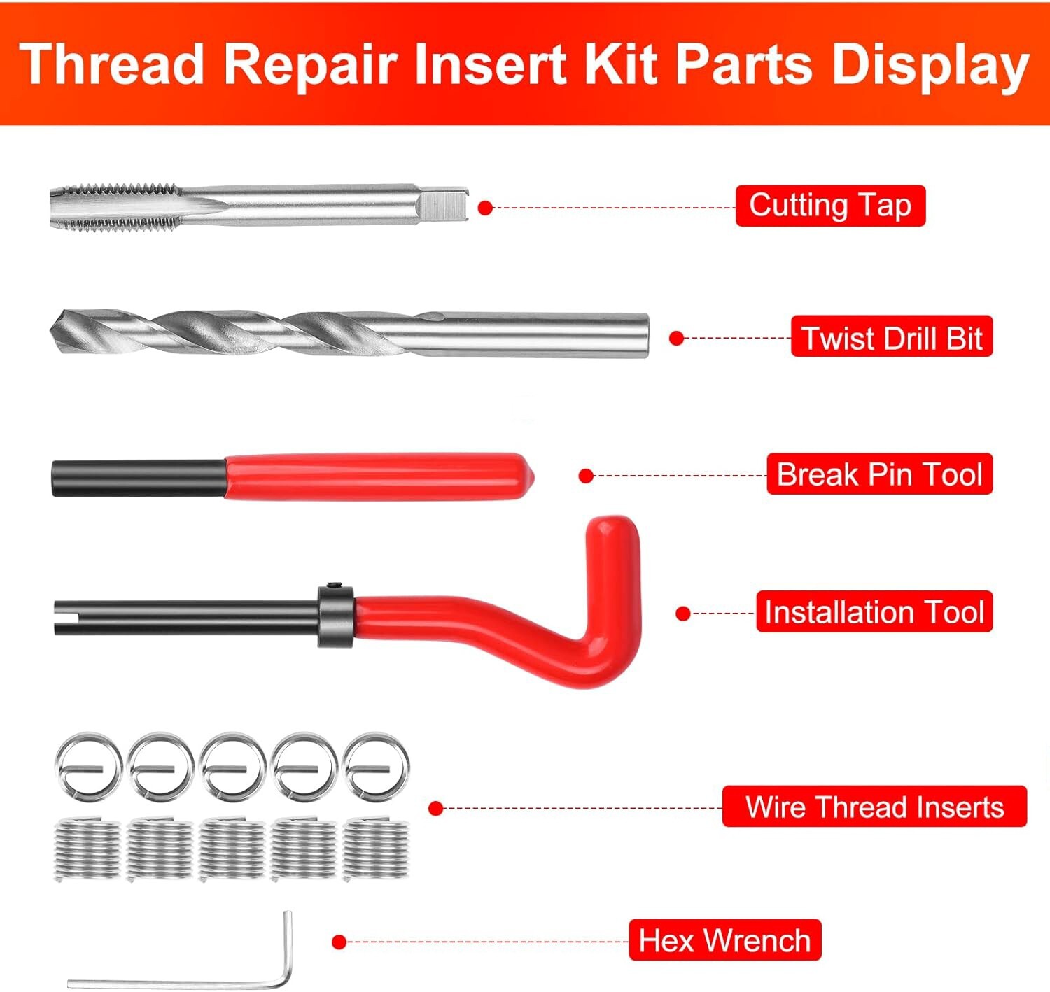 M12x1.25 Thread Repair Kit, 15PC Stainless Steel Helicoil Insert Set