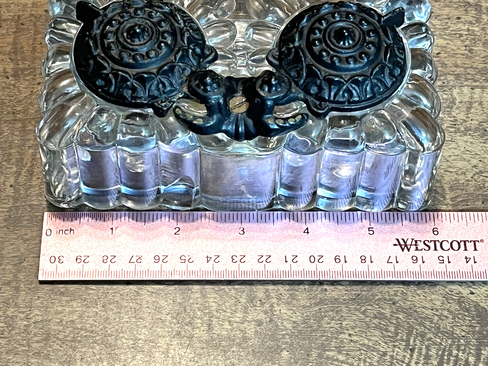 Antique "Tatum" Double Inkwell Pressed Glass w/Cast Iron Swivel Lids 1878-1900