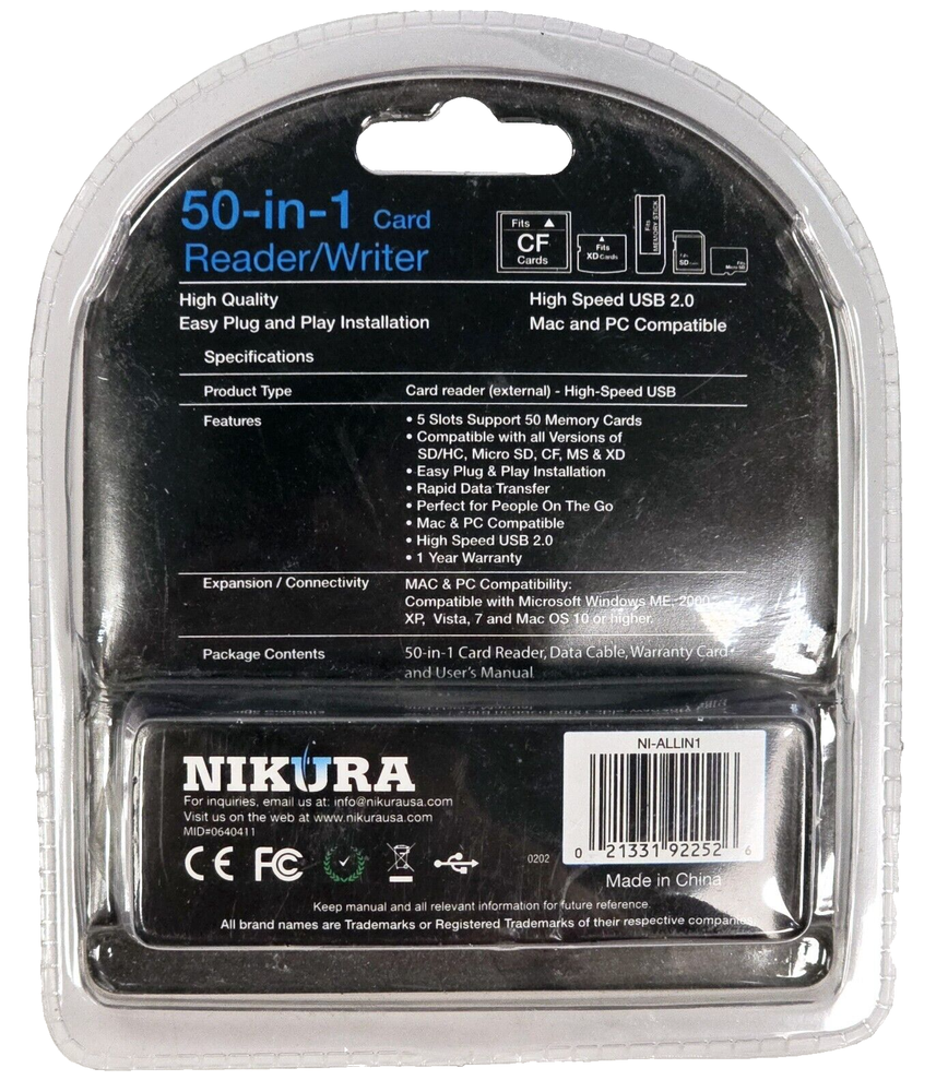 Nikura 50-in-1 Card Reader/Writer Rapid Data Transfer USB 2.0 Mac, PC Compatible