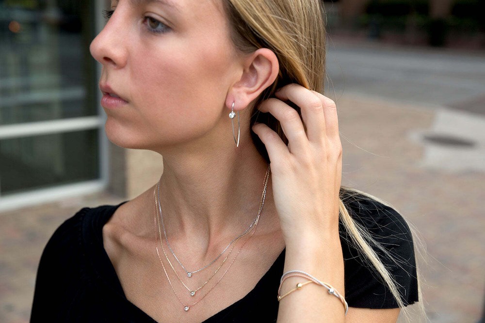 Rhodium Plated Thin Wire with Bezel CZ Earrings