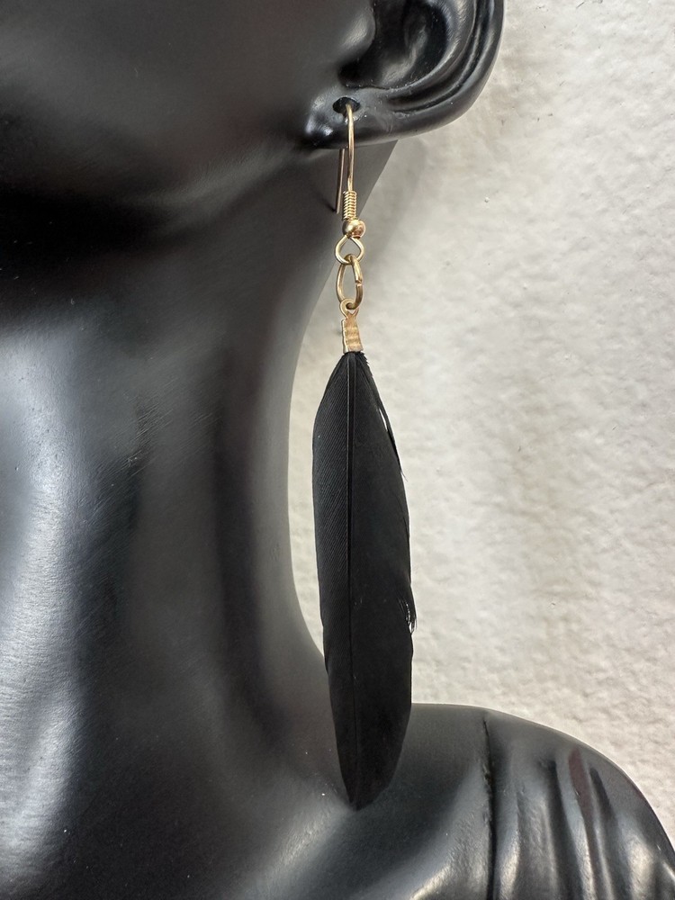 Black Feather Dangle Drop Earrings Gold Hook Bohemian