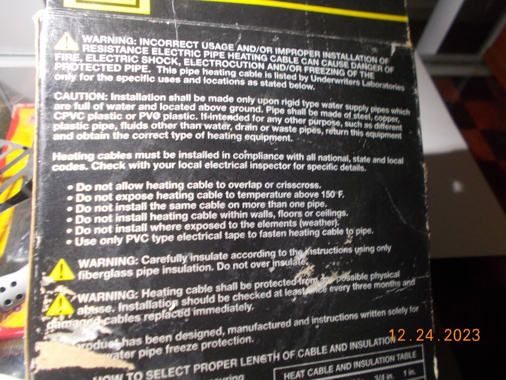 MD #64386 9' Pipe Heating Cable, Unused, Untested