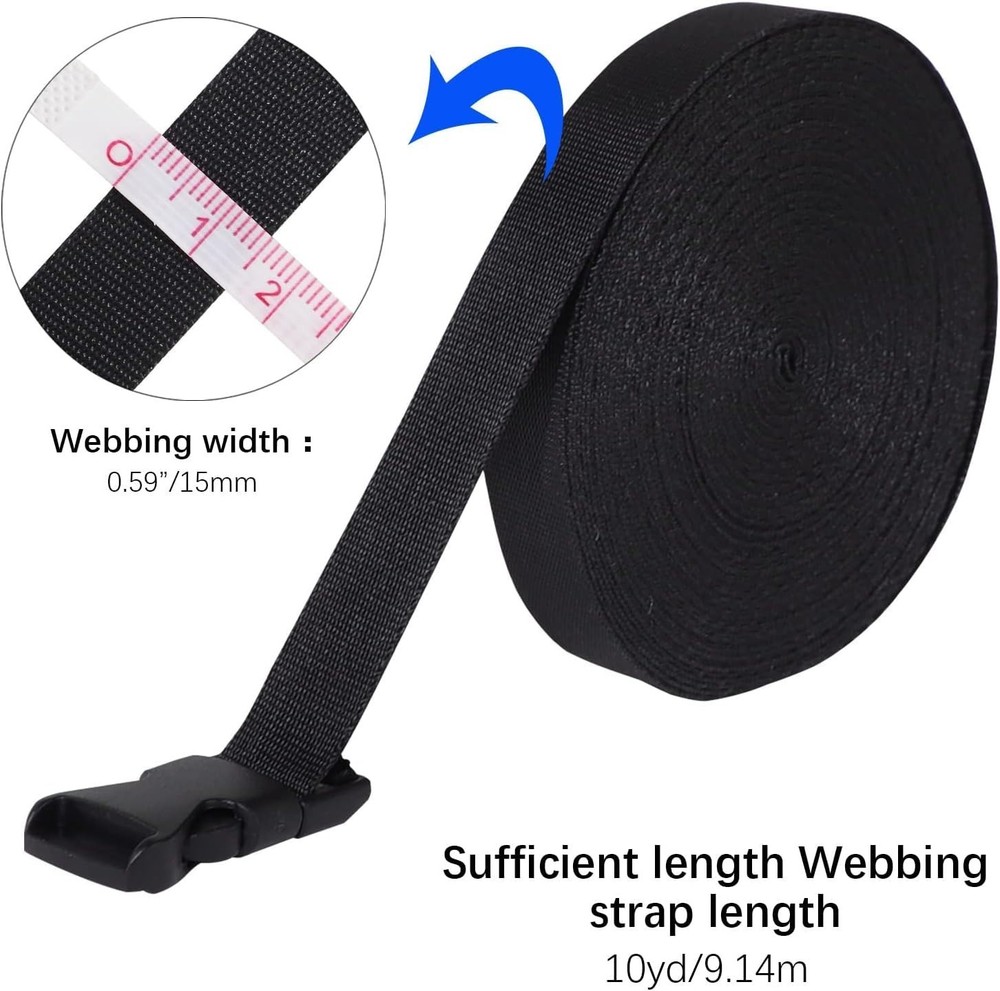 20Pack Plastic Side Release Buckles with 15mm 10Yd Black Nylon Webbing Strap