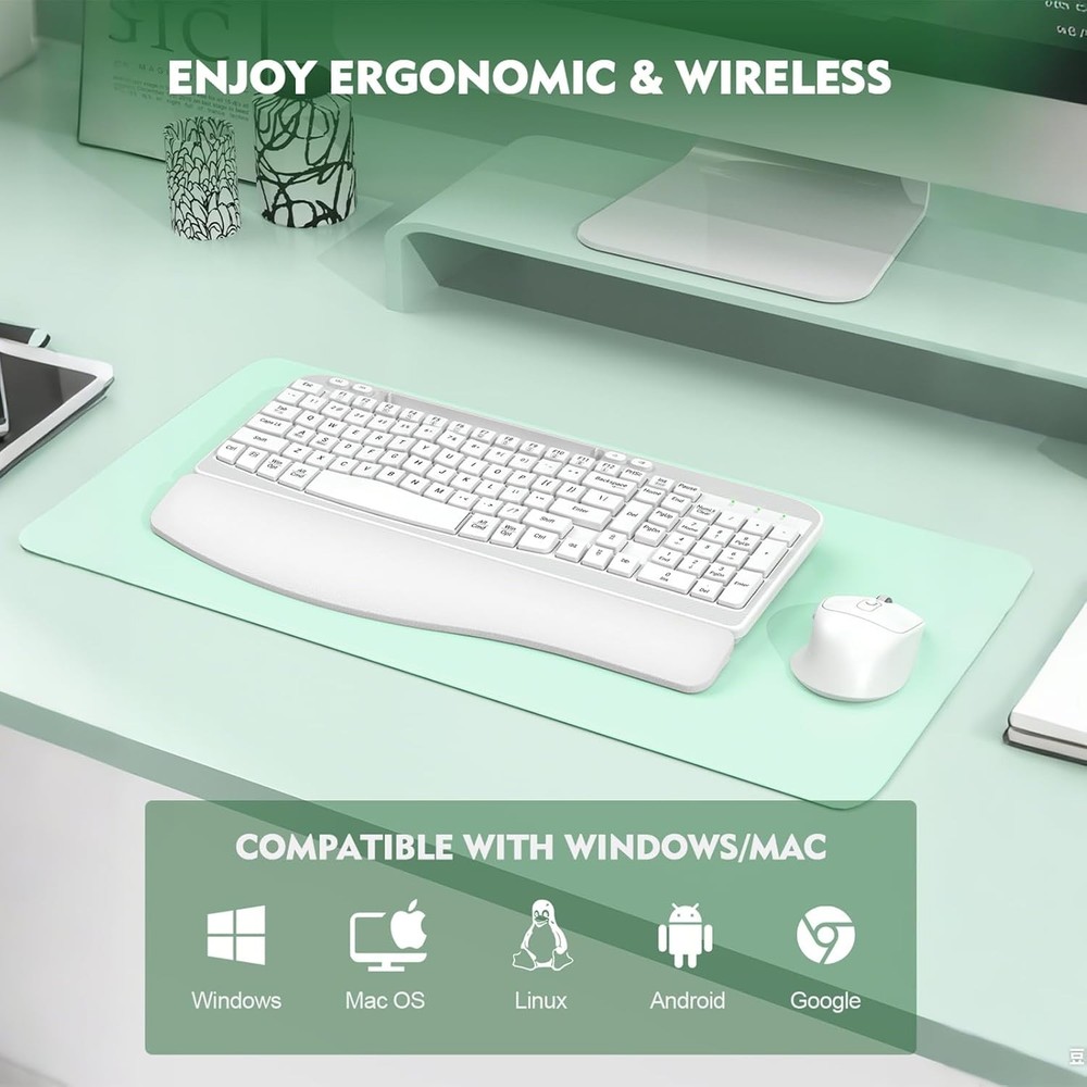 Wireless Keyboard and Mouse Combo, Wave Keys Full-Sized Ergonomic Keyboard with