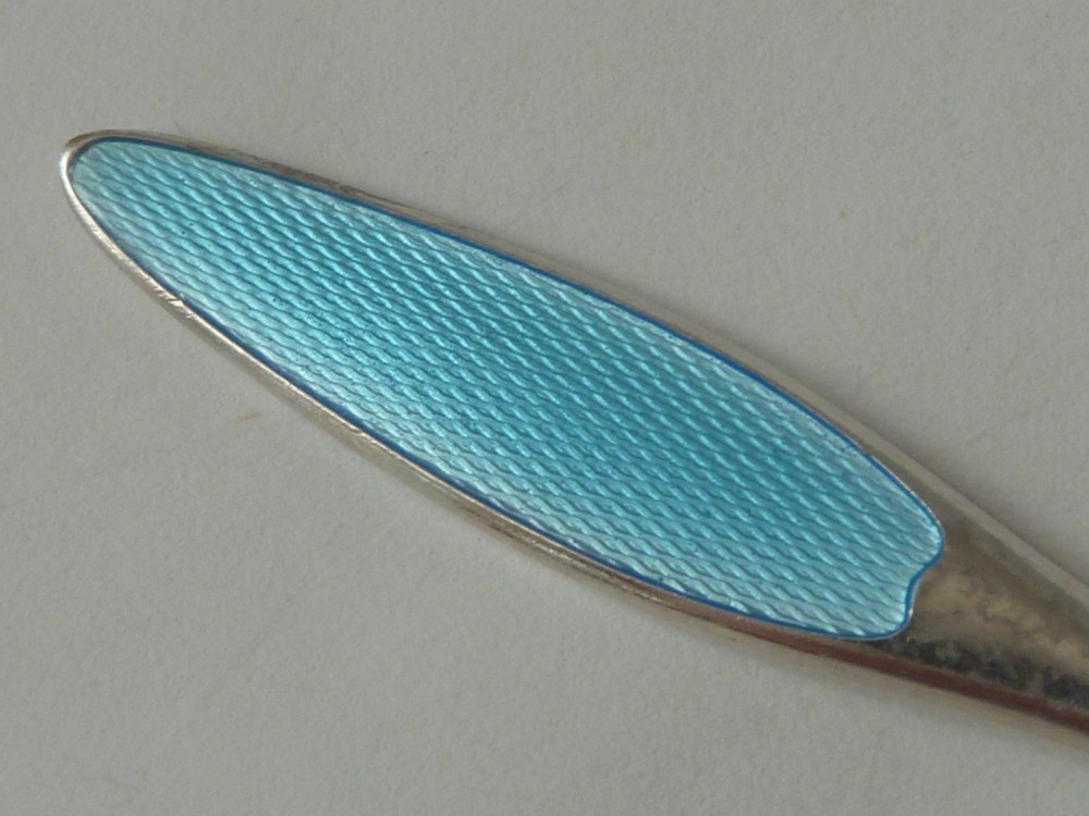 FRIGAST DENMARK STERLING SILVER BOUILLON SPOON, BLUE ENAMEL HANDLE