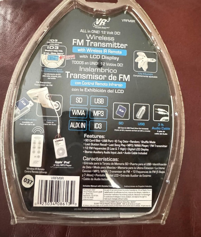 VR3 VRFM9R Wireless FM Transmitter 12V Car USB SD AUX MP3 w/ Remote – New Sealed