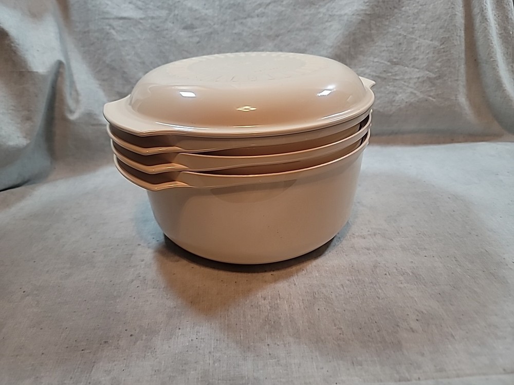 Tupperware Microwave Stack Cooker 4 Piece Set Lid Strainer 3 & 1.75 Quart Almond