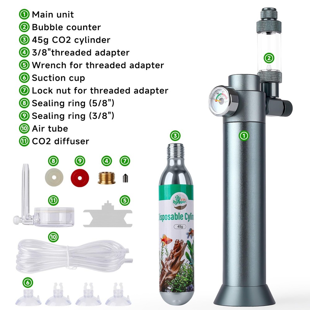 Complete Aquarium CO2 System, Desktop Regulator with 45g silver grey