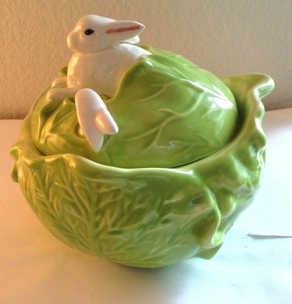 Vintage Bunny Rabbits Inside Green Cabbage Serving Dish