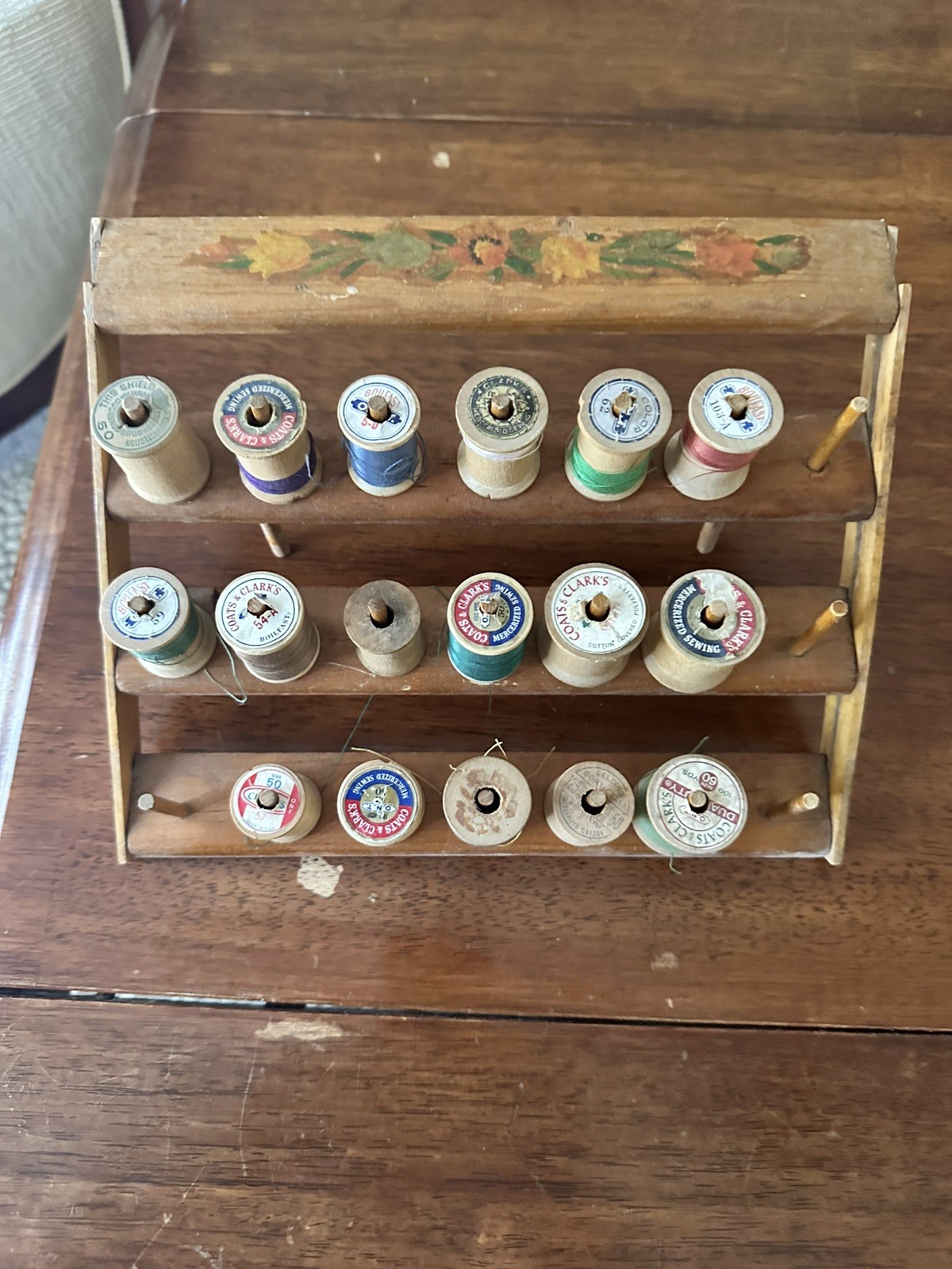 Vintage Wood Thread Spool Holder - Collapsible with wood spools
