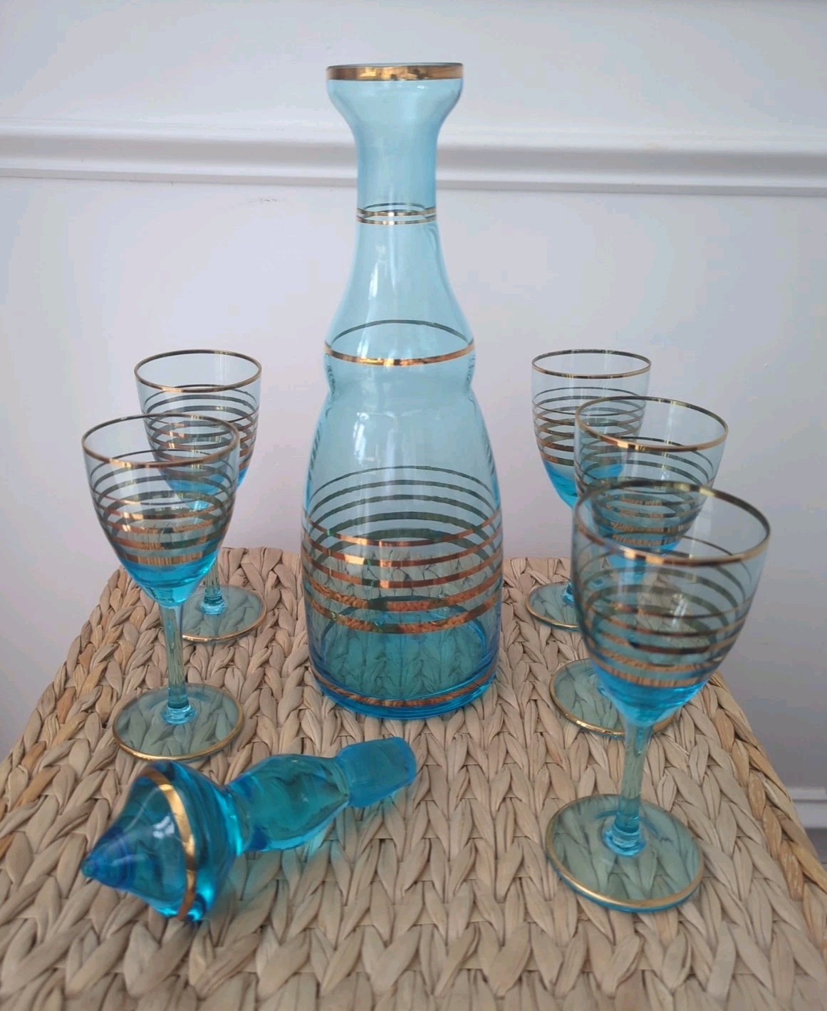 MCM Vintage Teal Blue & Gold Romanian Glass Decanter 4 Cordial Glasses 7 pc Set