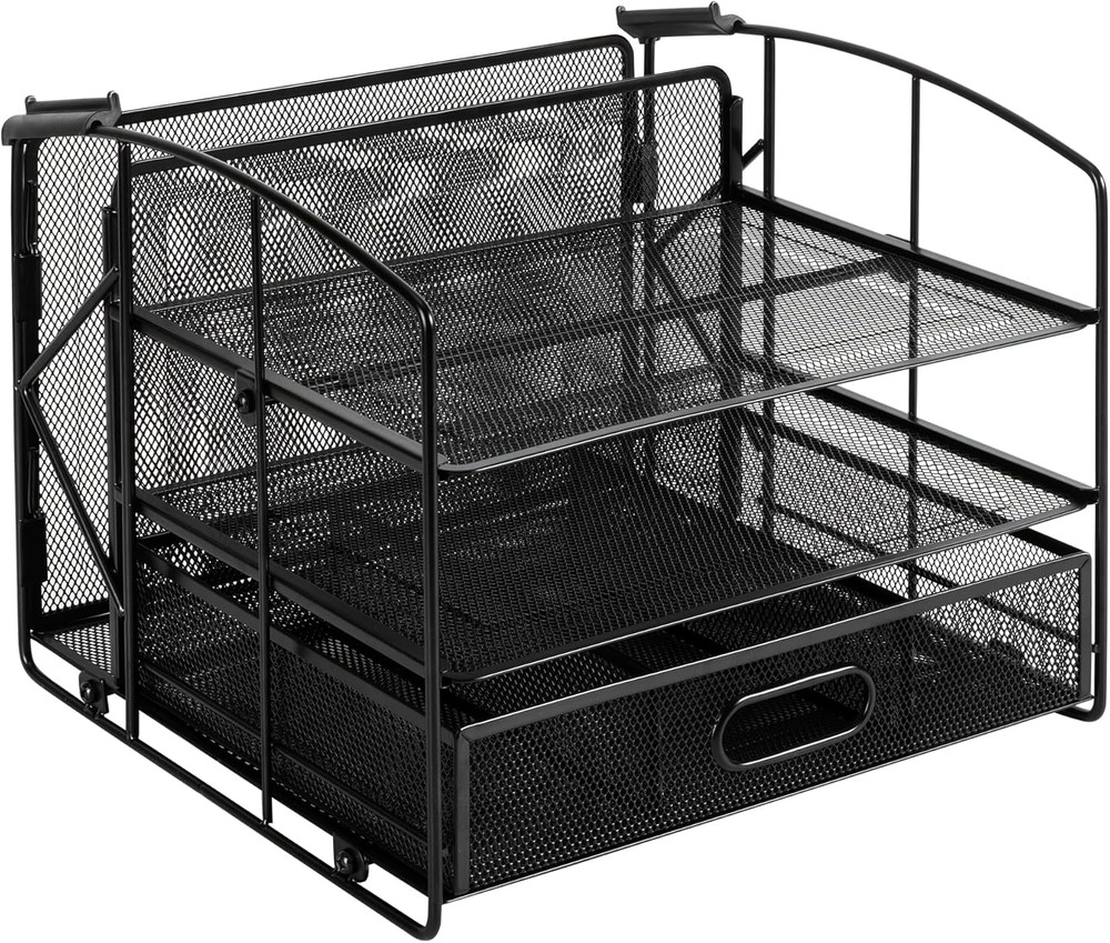 Sturdy Rectangular Desktop Organizer with 3 Trays, Sliding Drawer and Hanging Fi