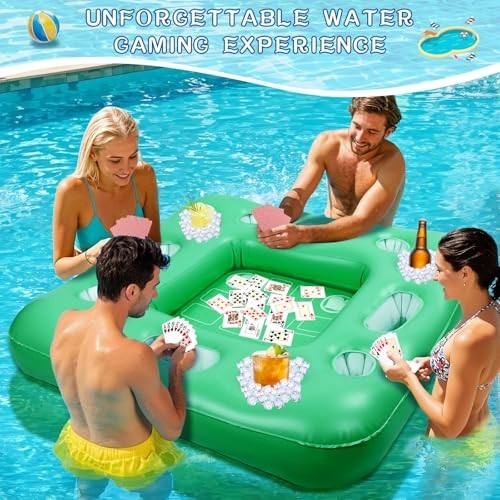 Floating Pool Table with Drink Holders, 40x40" Inflatable Game & Card Table