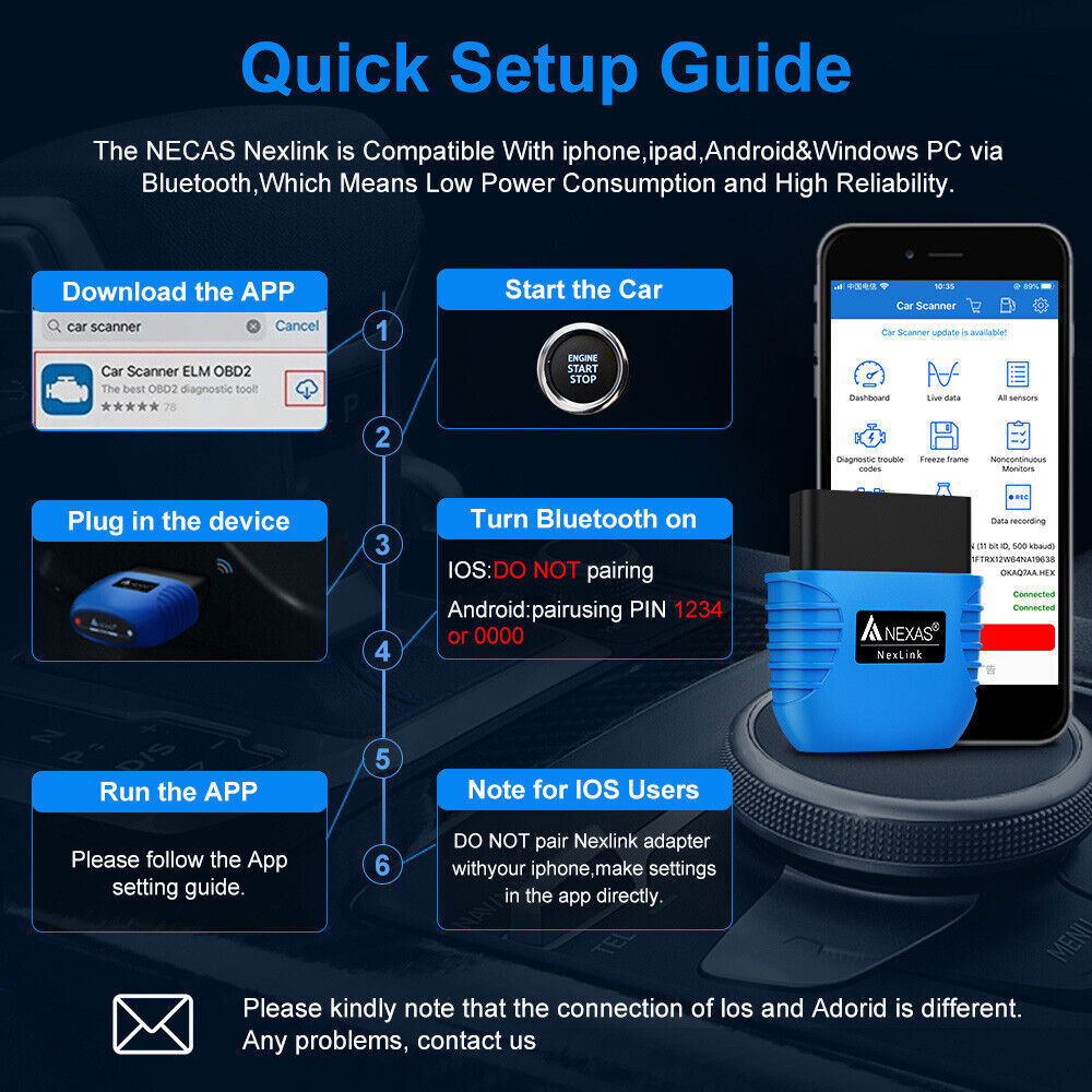 NEXAS NexLink Bluetooth 5.0 OBD2 EOBD Diagnostic Tool Scanner for iOS Android