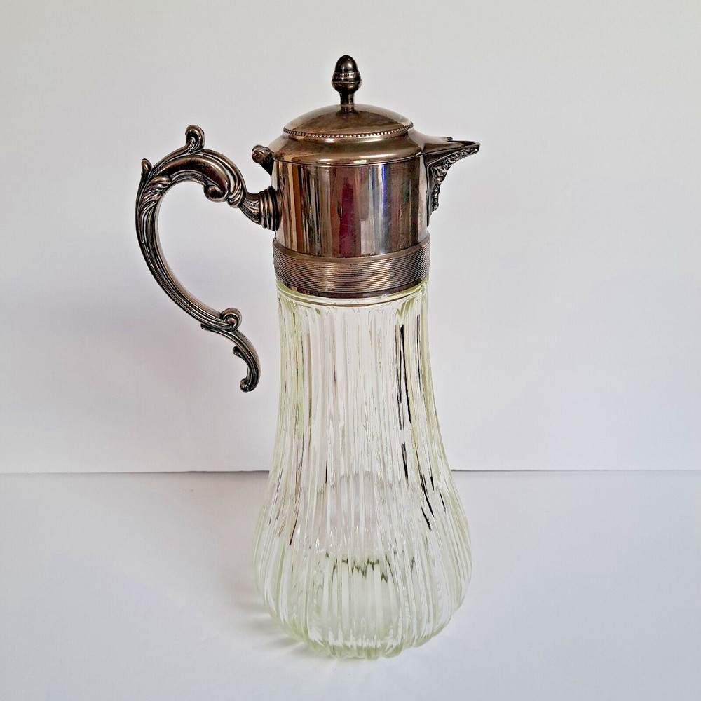 Antique Glass & Silver Decanter Ewer Jug Carafe Pitcher With Handle Pre-owned