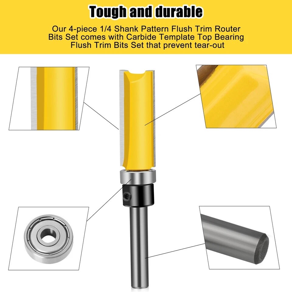 4Pcs 1/4'' Shank Top Bearing Flush Trim Carbide Router Bit Set Milling Cutter US