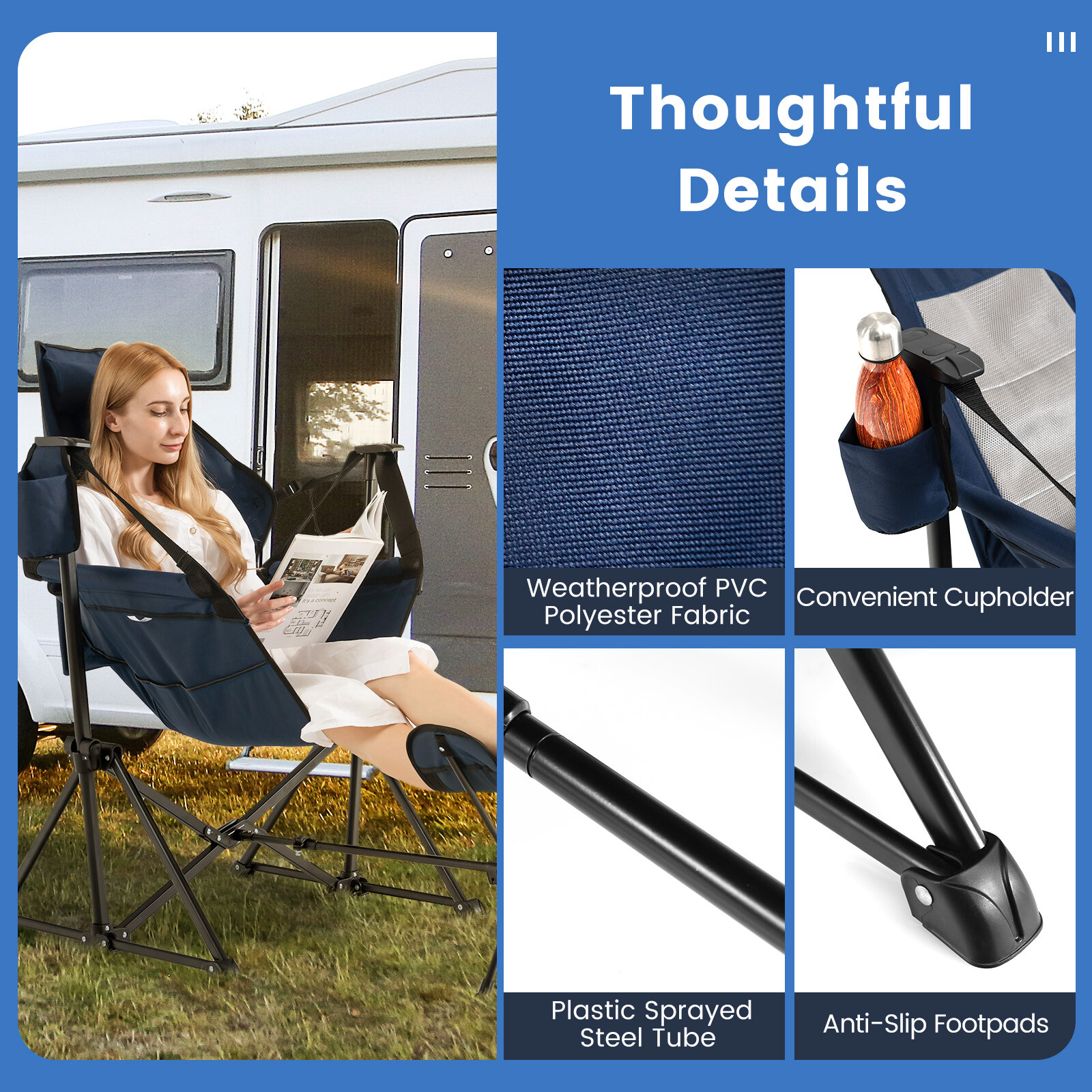Hammock Camping Chair Swinging Camping Recliner with Retractable Footrest Navy