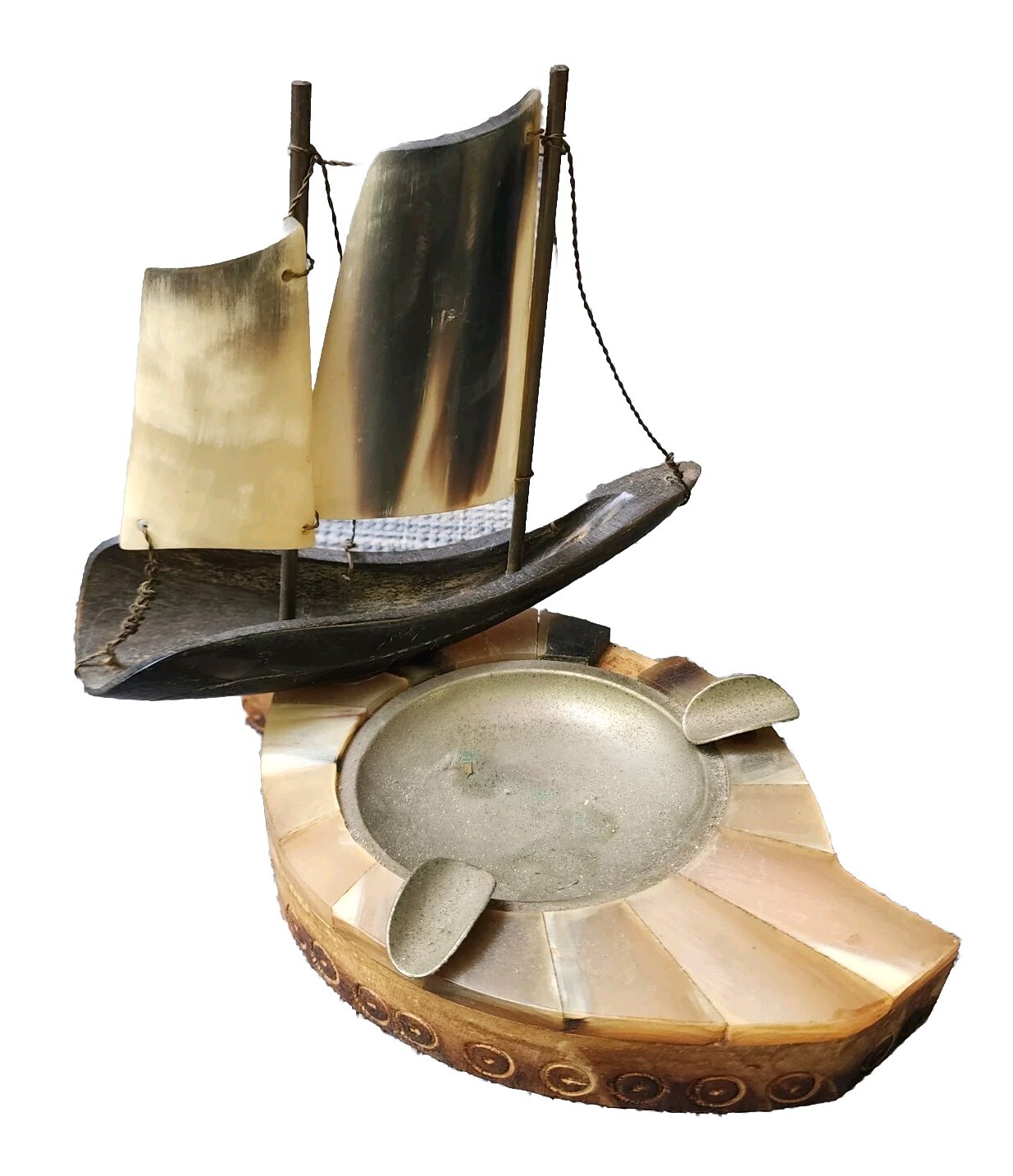 Vtg Carved Horn Sailing Clipper Ship Ashtray Nautical Pirate Scooner Boat Rare