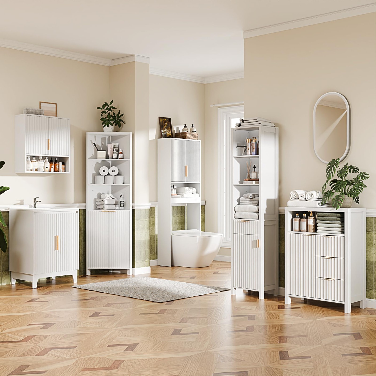 Tall Corner Cabinet with Fluted Doors, 68" White Corner Storage Cabinet