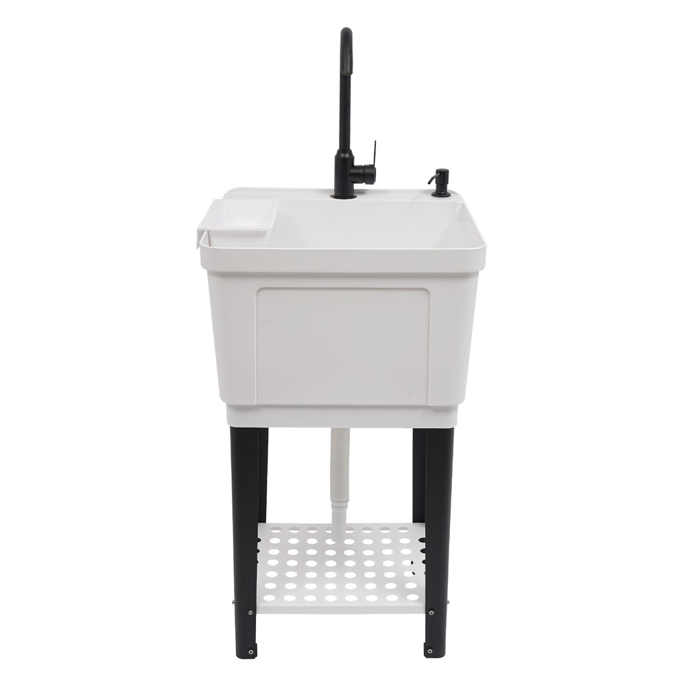 8kg Utility Sink Rectangular White Laundry Sink Freestanding w/ Hoses Drain Kit