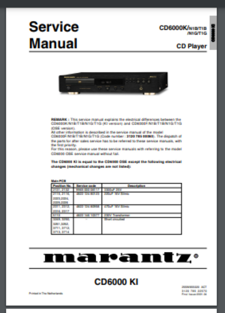 Marantz CD-6000K Player Service Manual 36 Pages