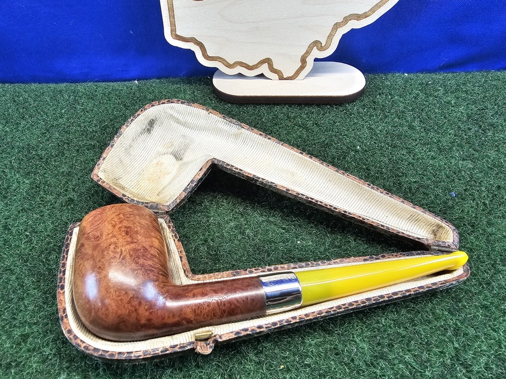 AGE Straight Smooth Billiard Banded Restored Briar Pipe, Replacement Stem, Case