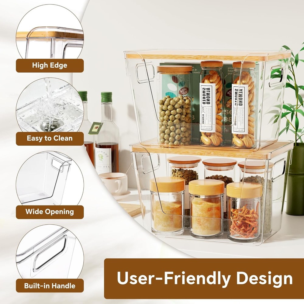 2 Set Pantry Organizers & Storage W/ Bamboo Lids Stackable Clear Bins Onion