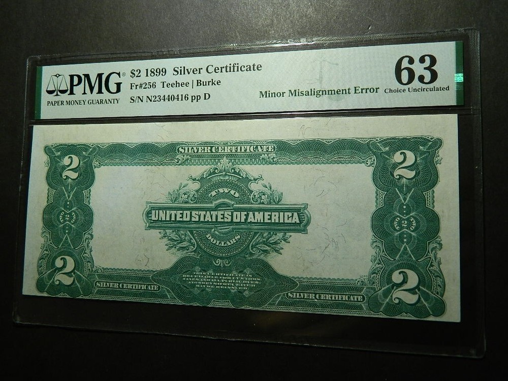 FR-256 1899 $2.00 SILVER CERTIFICATE PMG 63, Minor Misalignment Error
