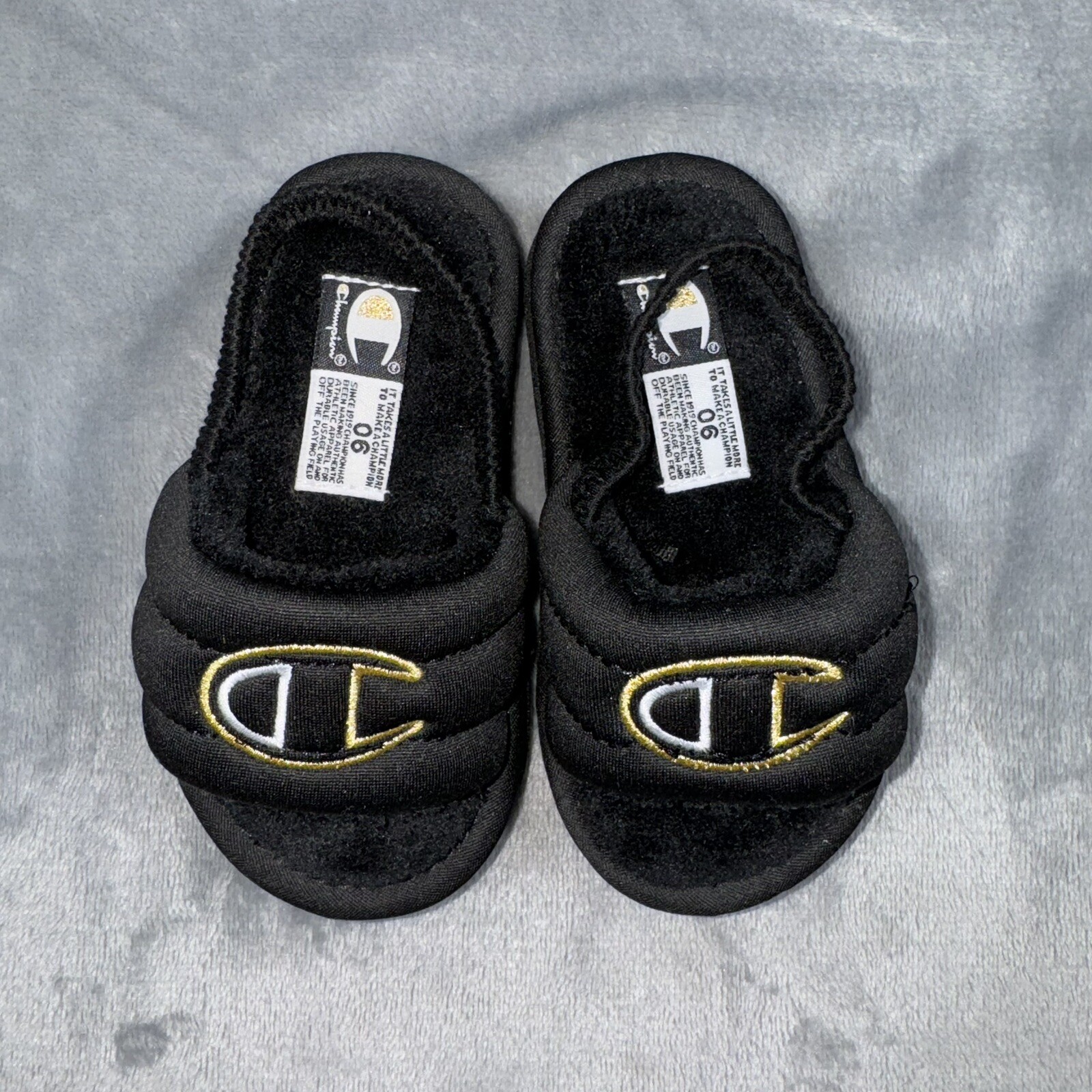Champion Plush Core Slides Black White Gold CPS10477T Toddler NWOB
