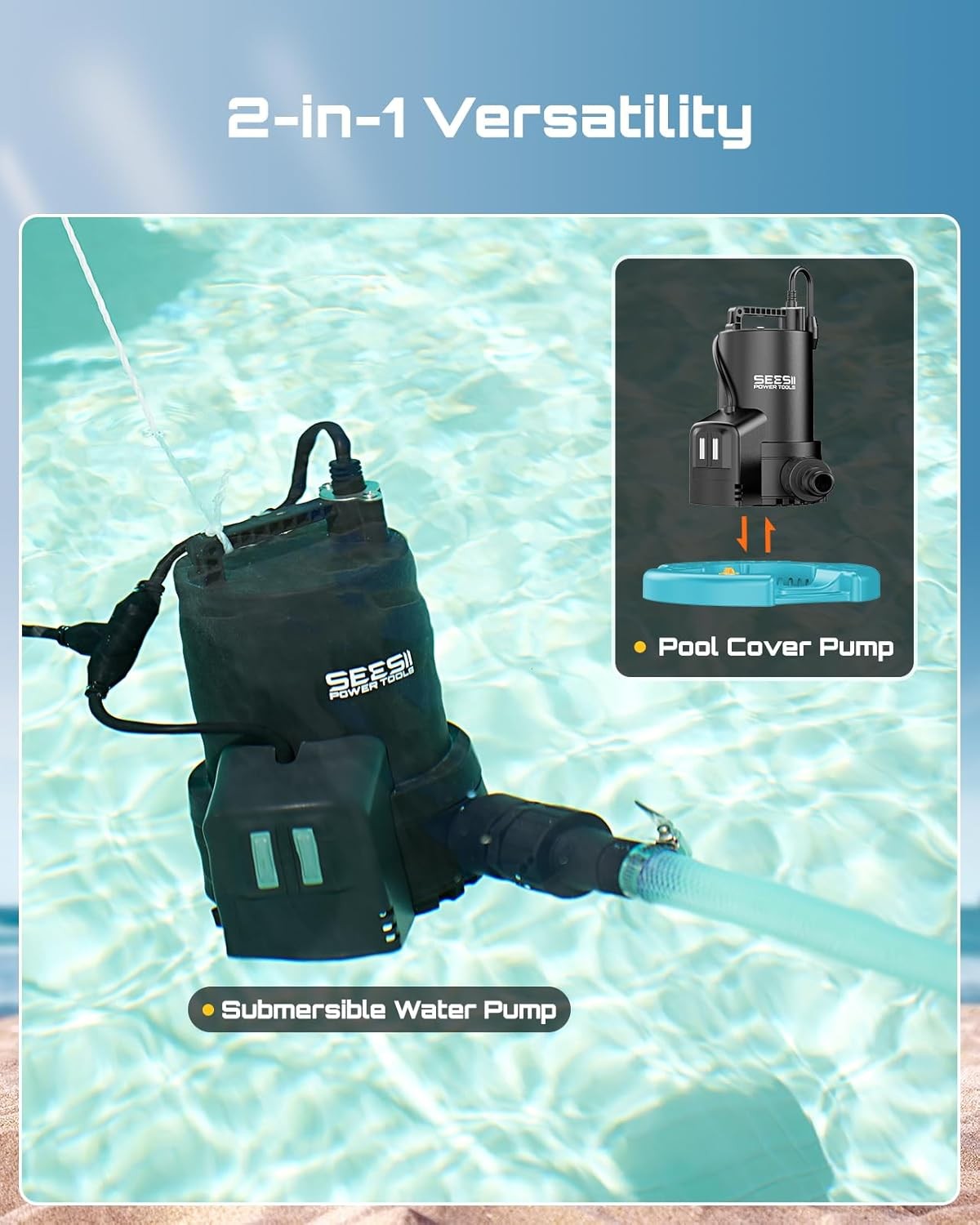 SEESII Automatic On/Off 1/3HP Pool Cover Pump 3035GPH Submersible Water Pump