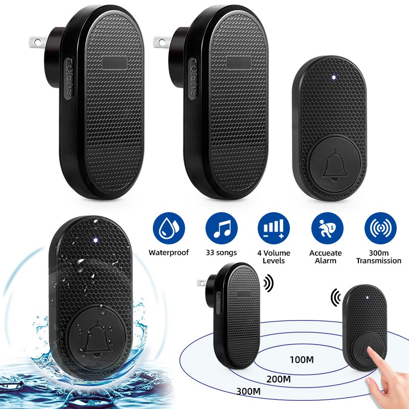 Wireless Doorbell Waterproof 2 Plugin Receiver Adjustable Volume 33 Chime 1000FT
