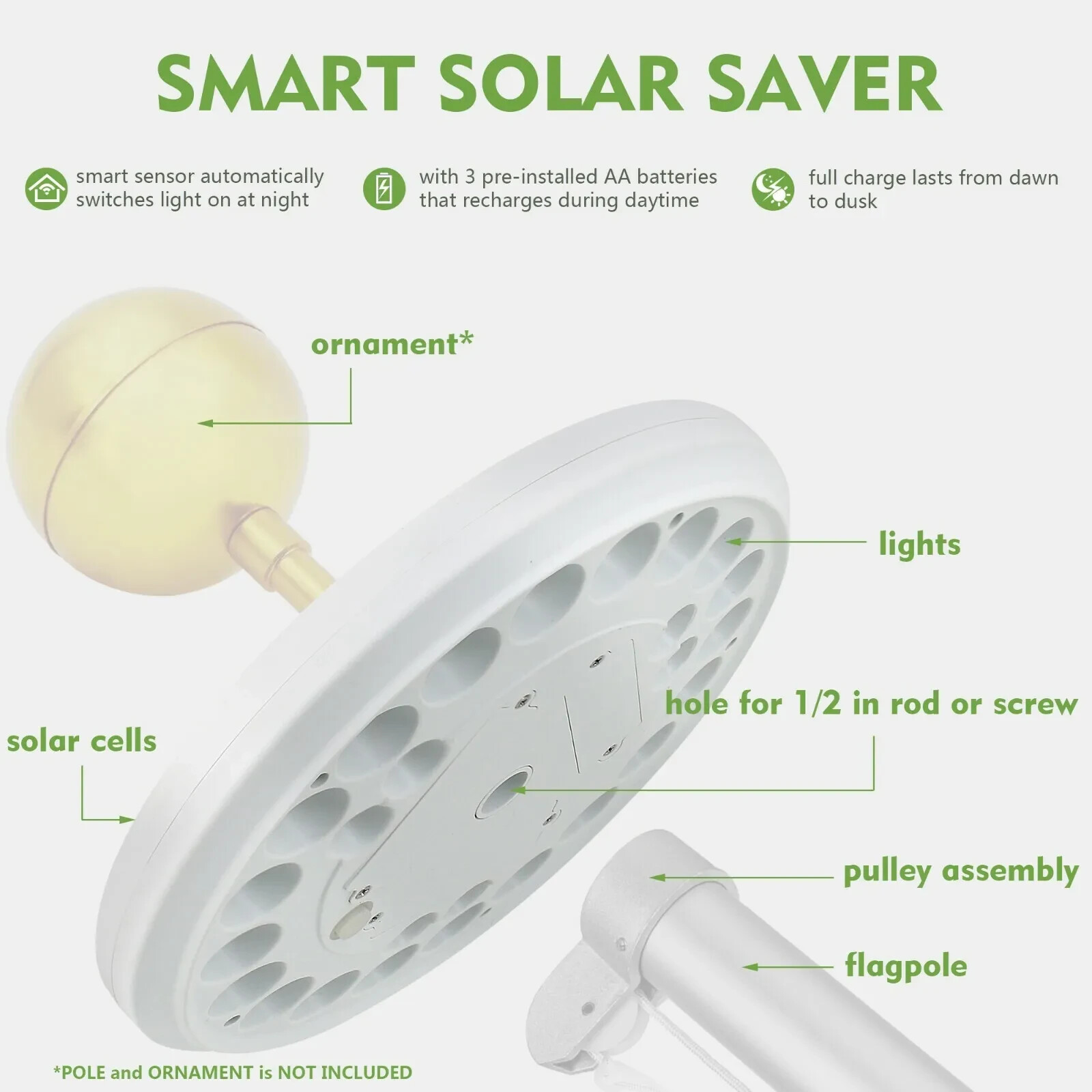 Solar Powered Flag Pole Light 26 LED Auto Active Super Bright Outdoor Waterproof