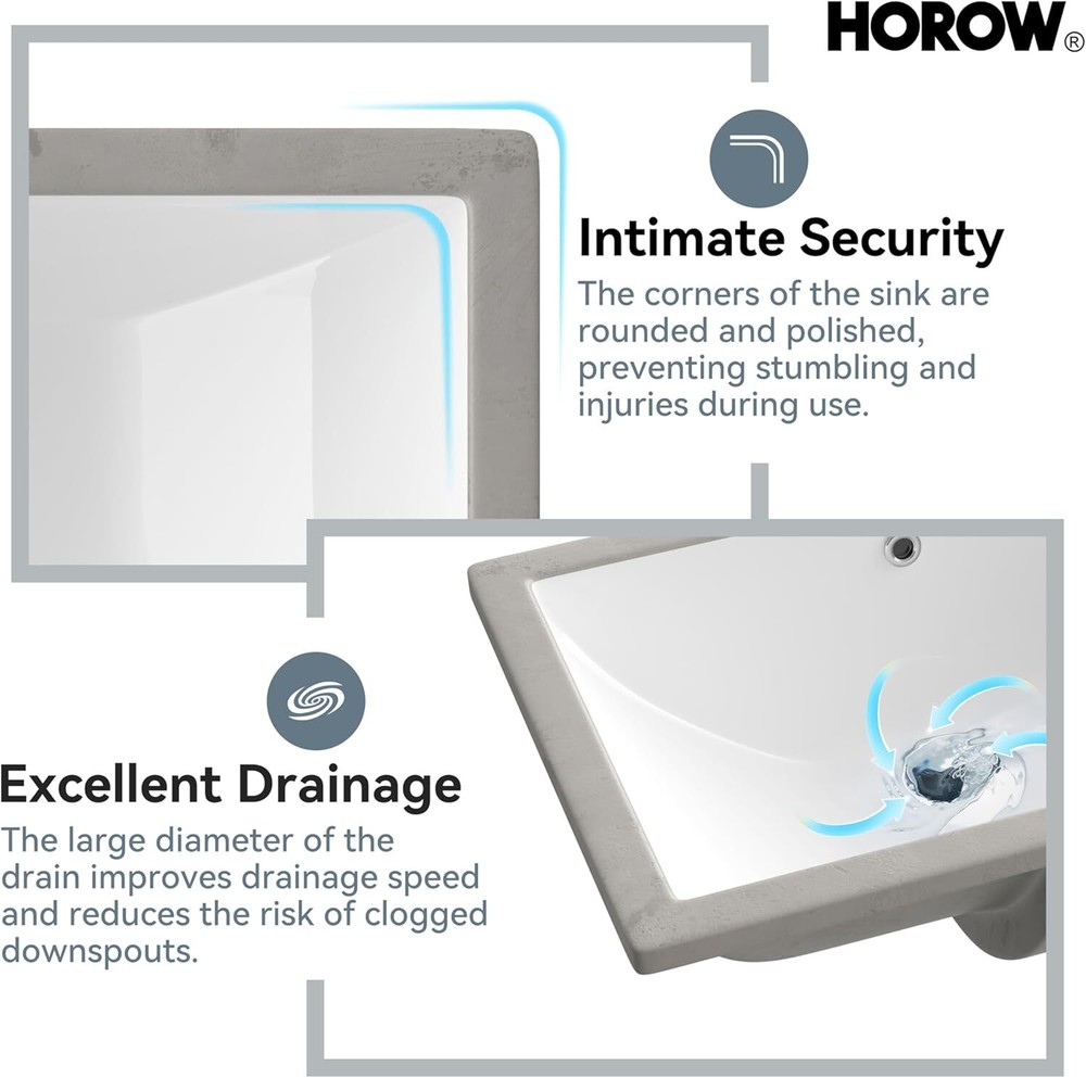 HOROW 24'' Undermount Bathroom Sink Rectangular Glazed Ceramic Lavatory Vanity