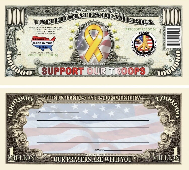 50 Pack Military Troops Deployment Support Money Note 1 Million Dollar Bills