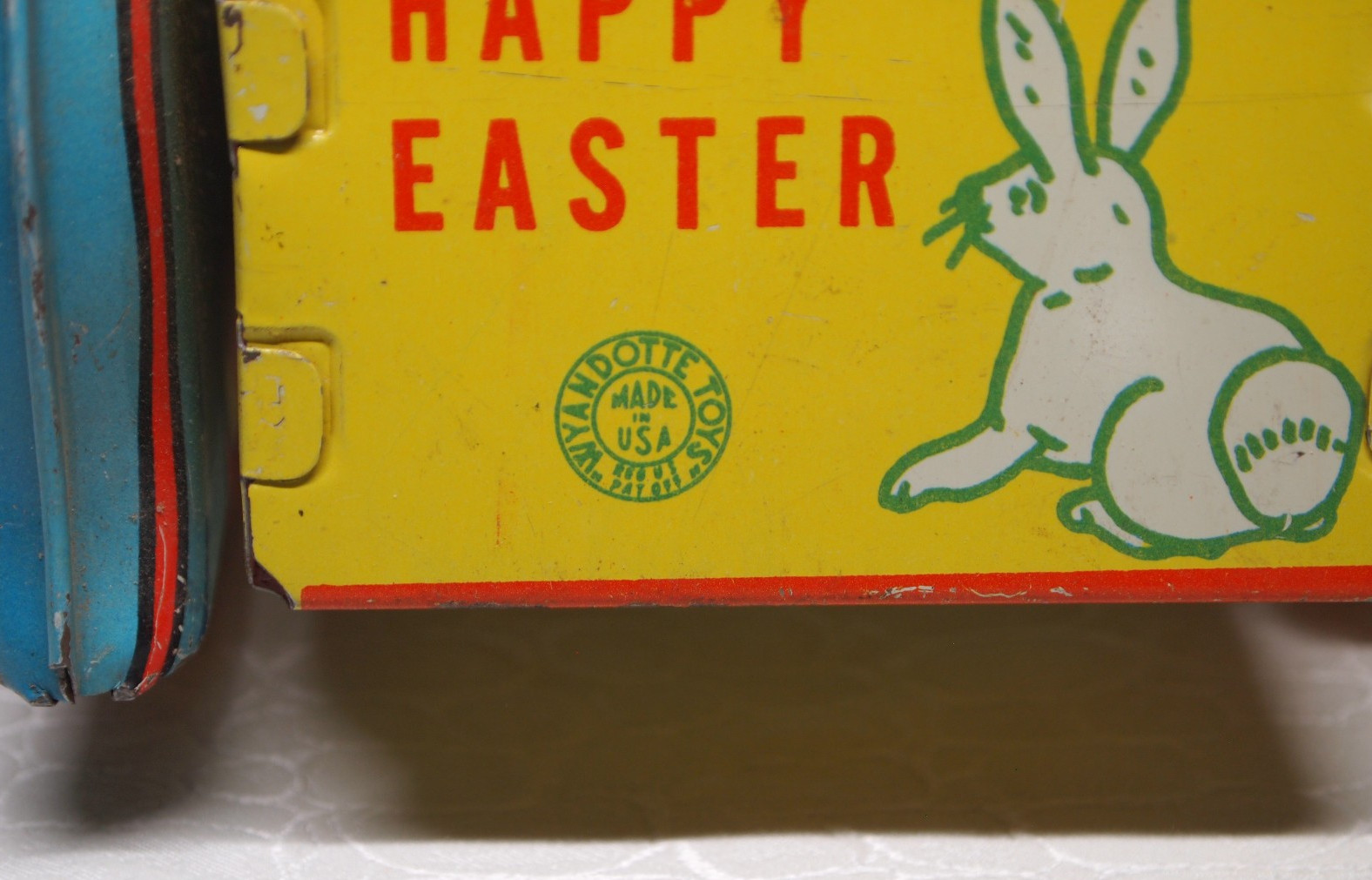 Vtg Tin Easter Car Bunny Delivery Motorcycle & sidecar rolled steel litho