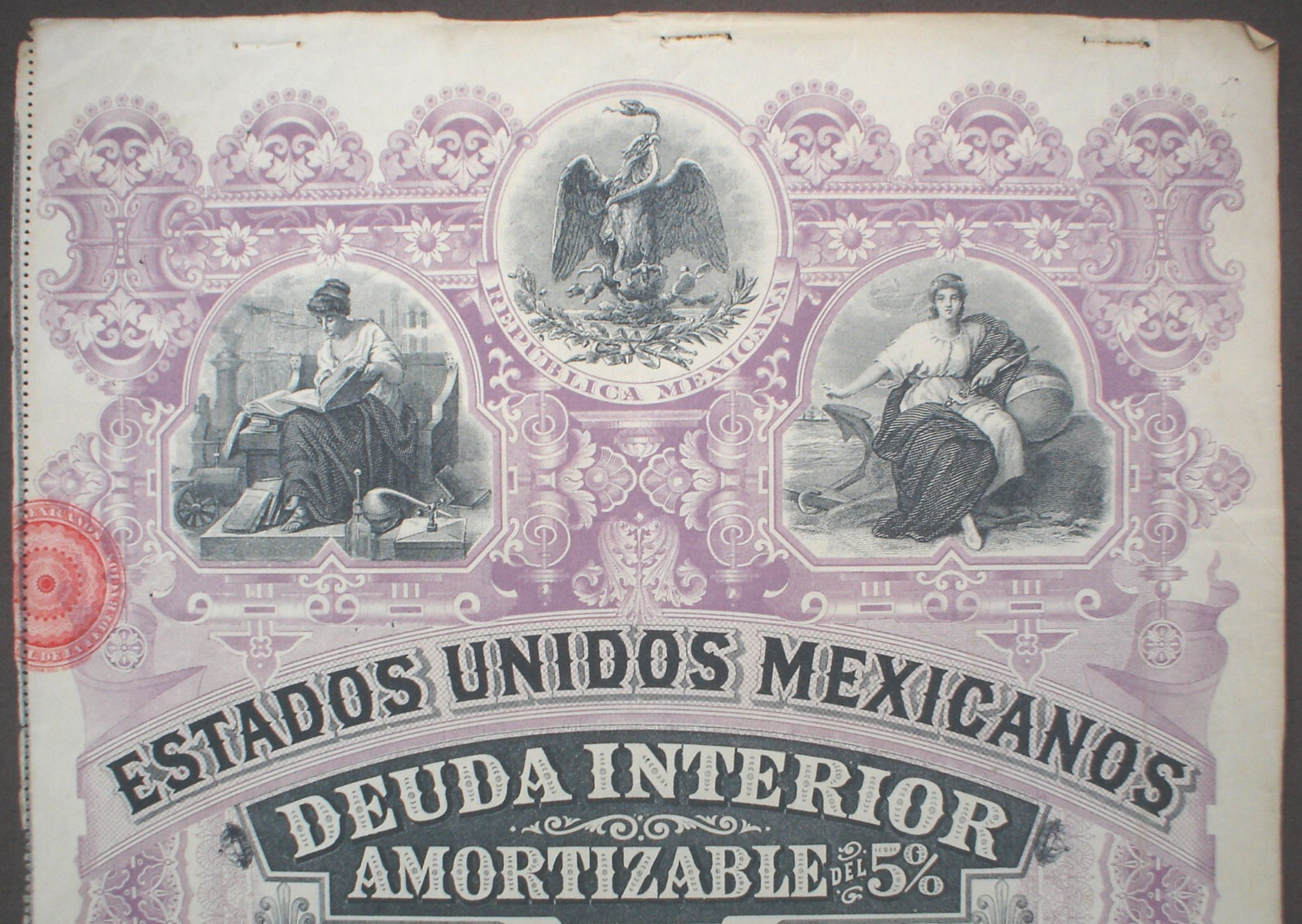 Mexico ESTADOS UNIDOS MEXICANOS BOND 5% Deuda Interior 1000$ =£200 1898 uncanc.