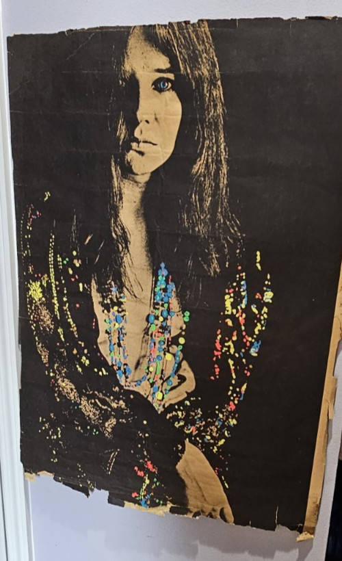 Vintage Janis Joplin Black & White Poster Altered Hand Painted Blacklight Paint