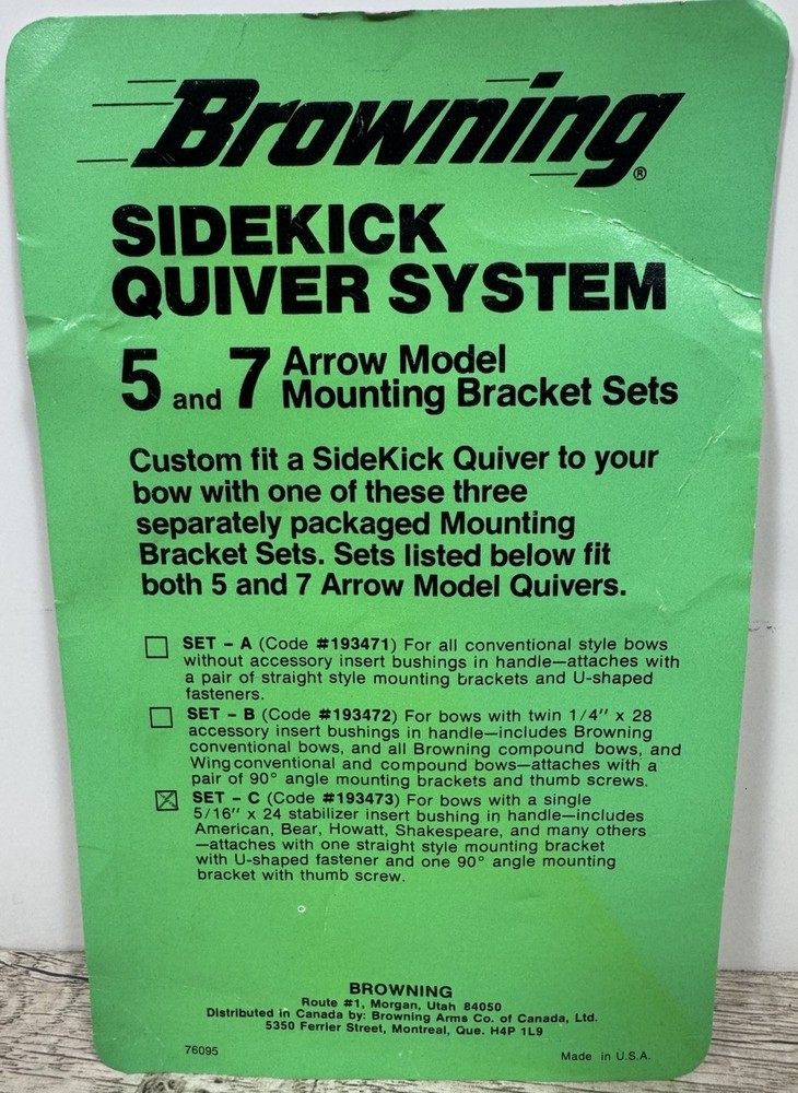 Vintage Browning Archery Sidekick Quiver System Mounting Bracket Set C 193473