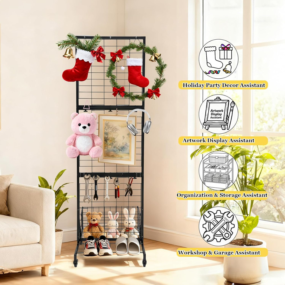 Foldable Grid Wall Panels with Baskets for Retail Display and Storage Solutions