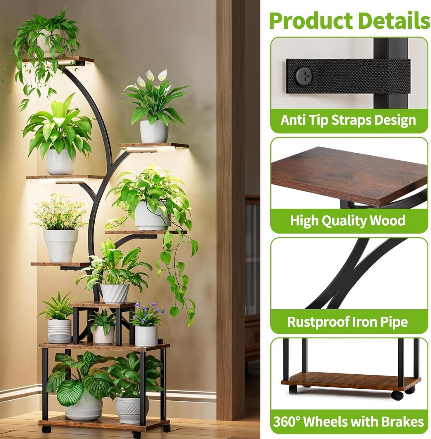 62" Indoor Plant Stand with Grow Lights 8 Tiered Display Shelf for Home Garde